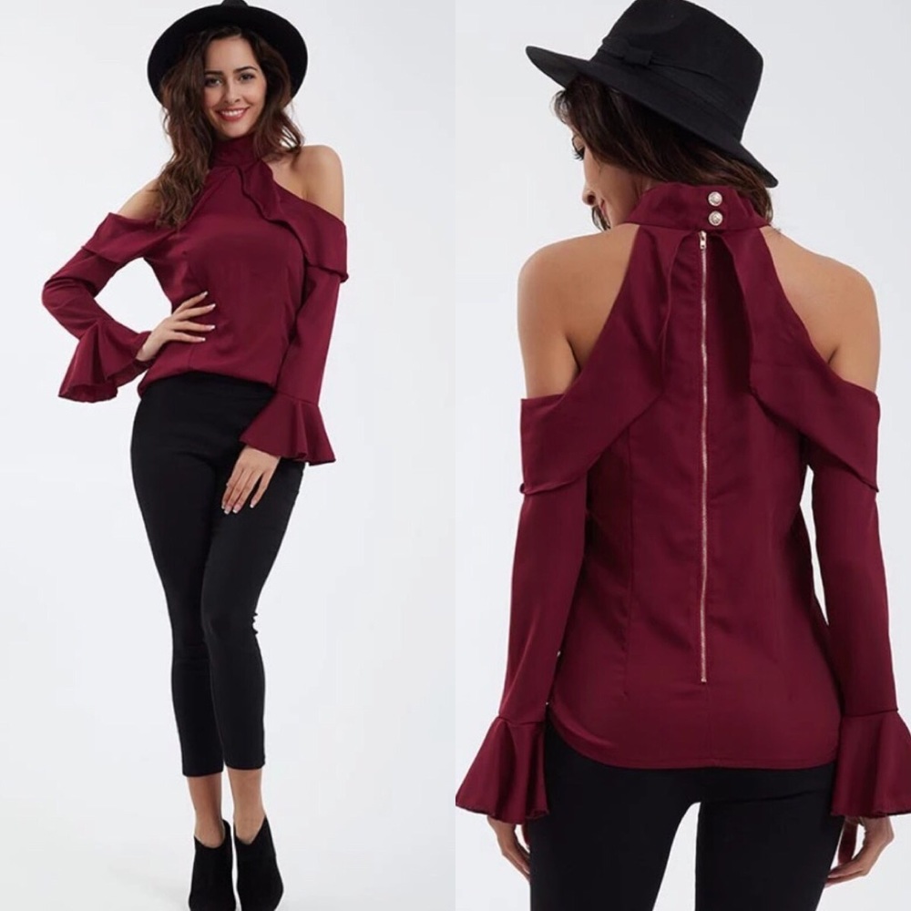 🎉HP🎉Burgundy Cold Shoulder Choker Top - Picture 2 of 7